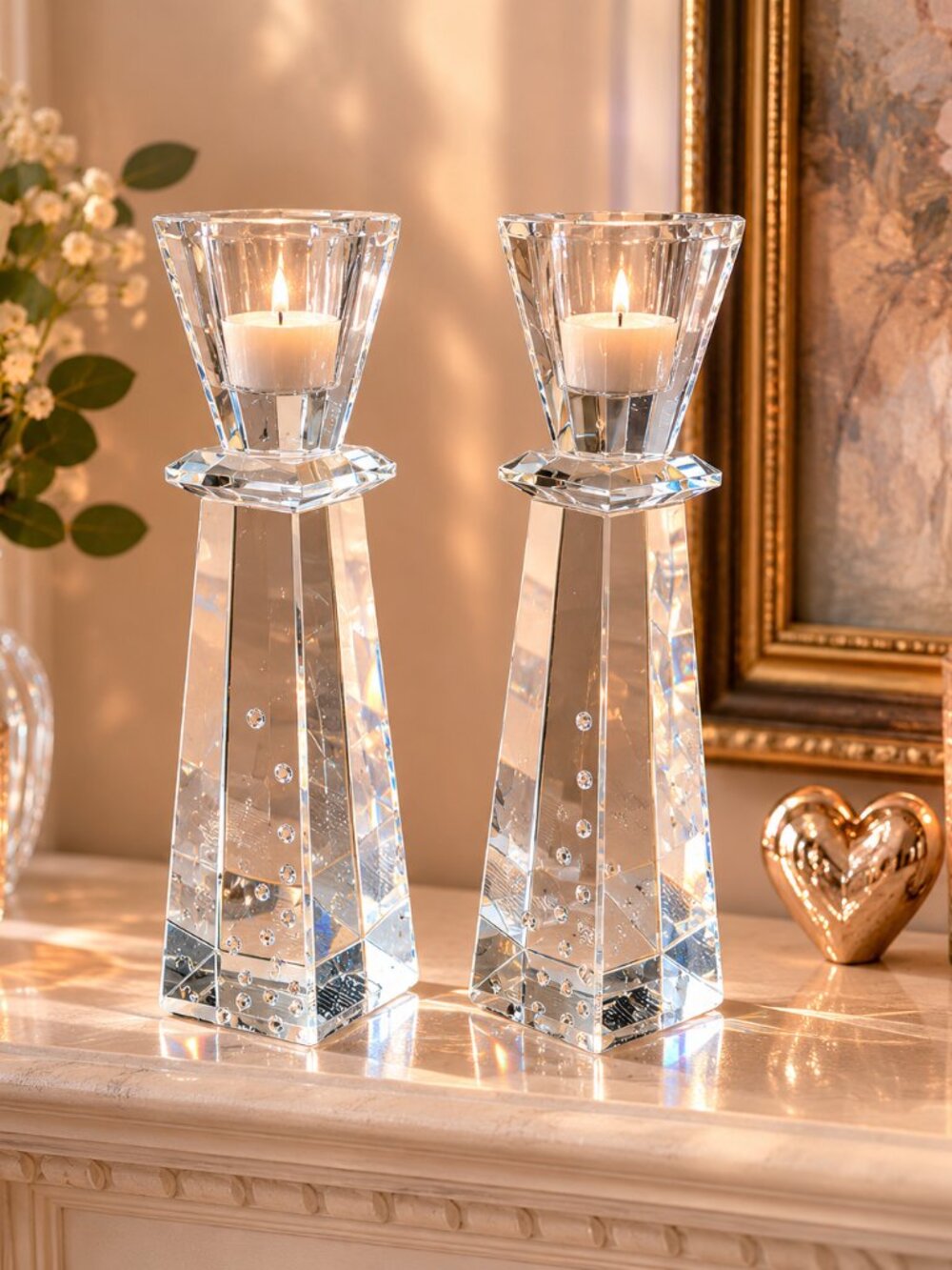 Lead Crystal Candlestick Holders Rhinestone Accented 9 inch Elegant Home Decor